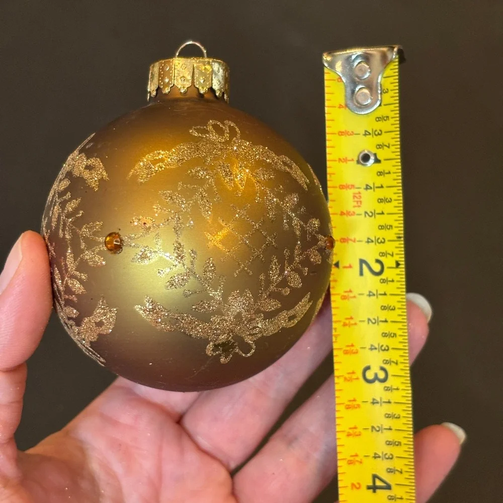Vintage Glass Ball Ornaments Set 2 Bronze Gold Glitter Filigree